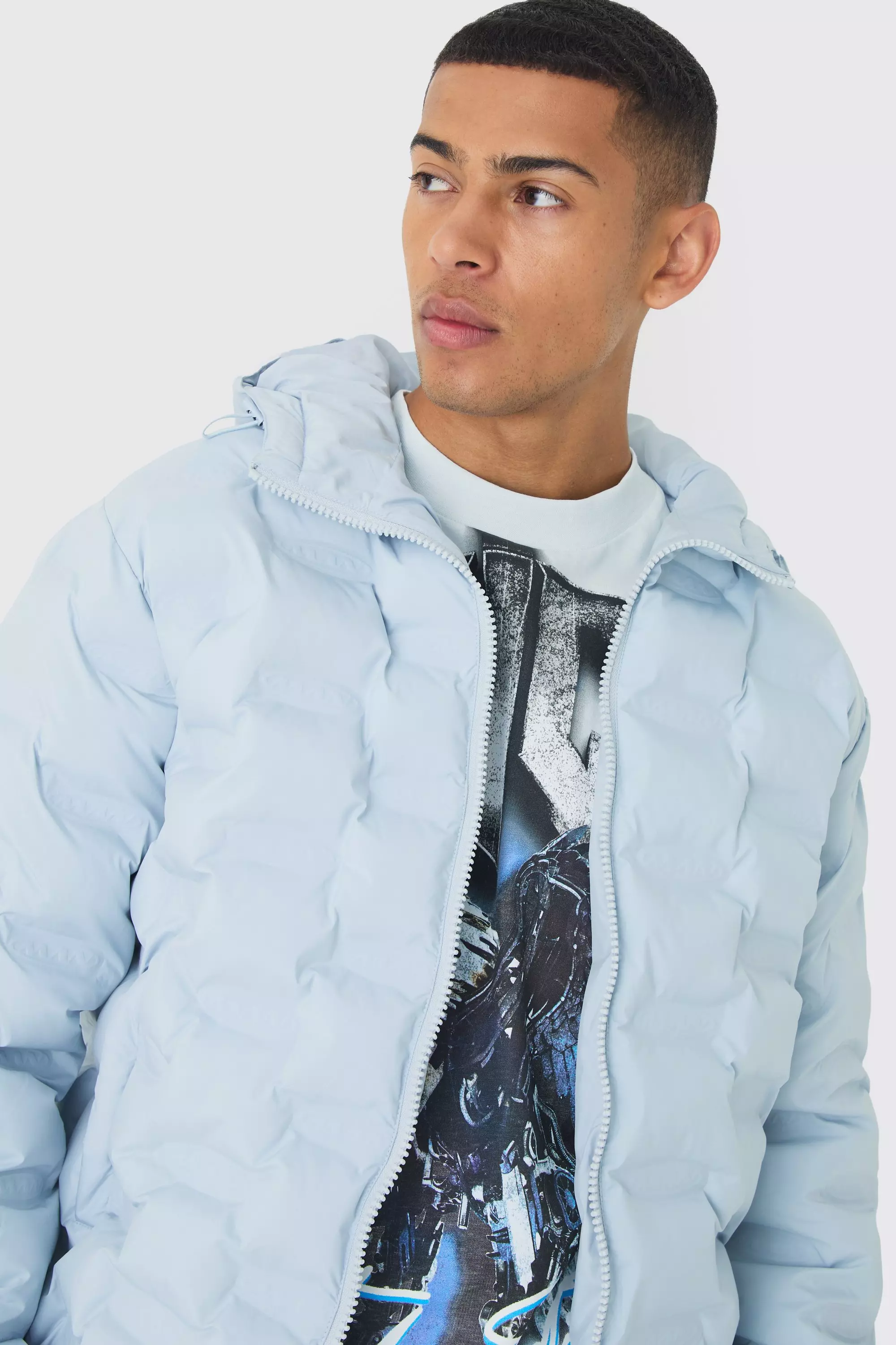 Man Heat Seal Hooded Puffer Coat In Light Blue boohooMAN USA